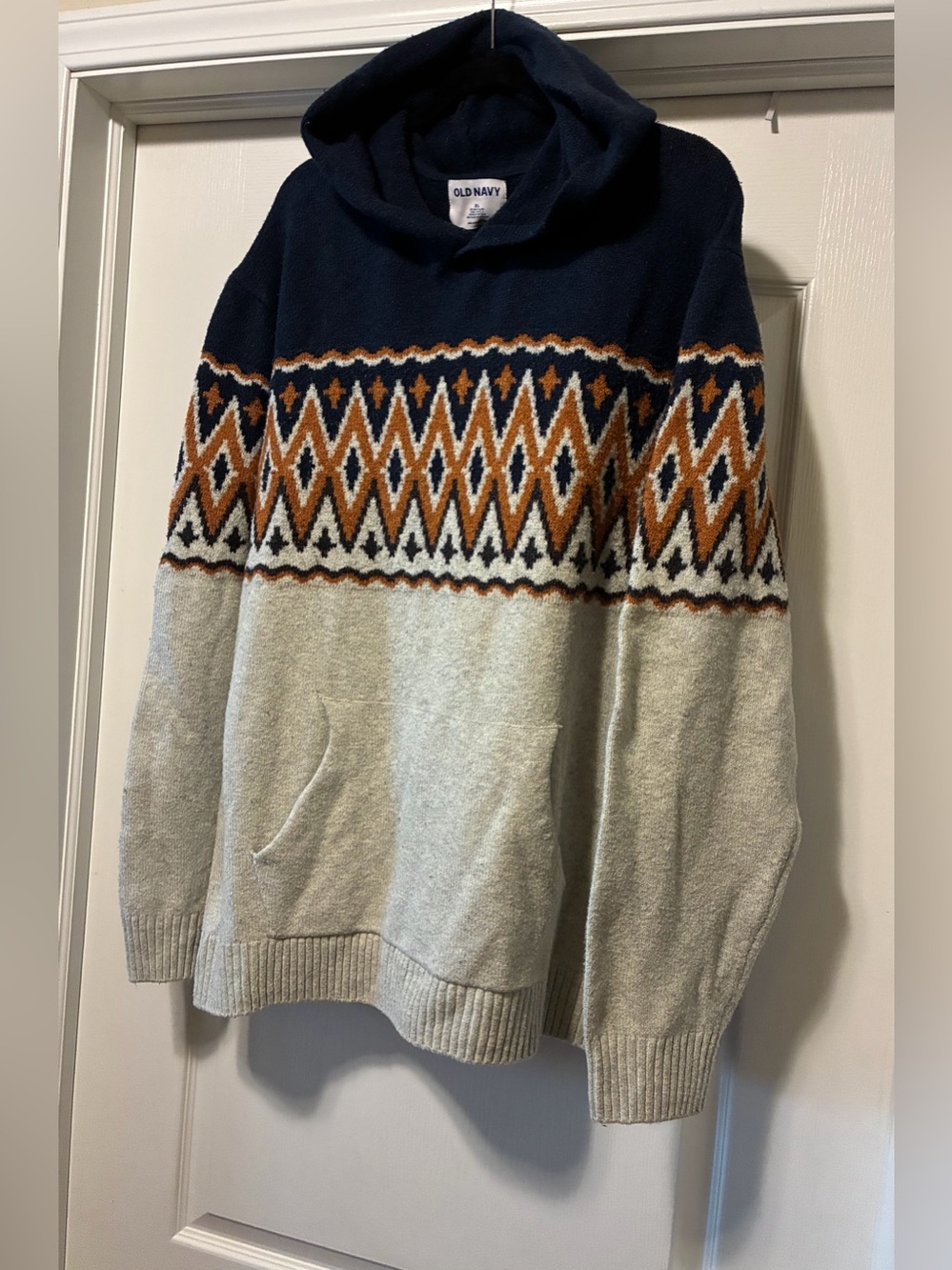 Old Navy Adults XL Navy/Heather/Rust Geometric Patterned Hooded Sweater